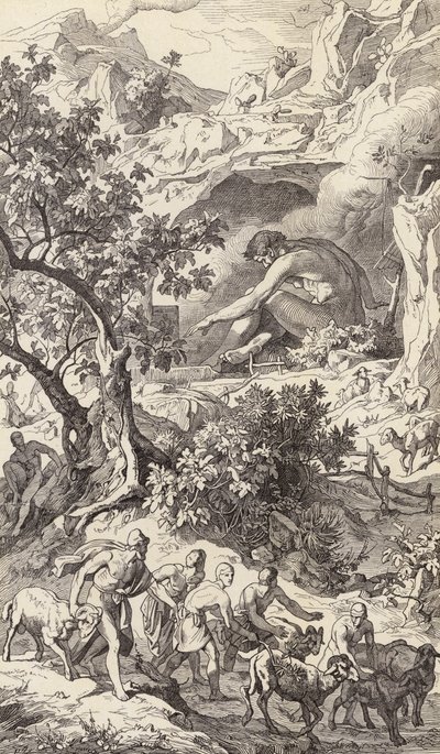 Odysseus kulkee Polyfemoksen luolan ohi (kaiverrus). tekijältä Friedrich the Elder Preller