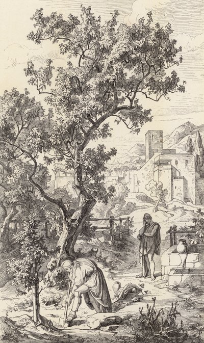 Odysseus isänsä Laertesin luona (kaiverrus) tekijältä Friedrich the Elder Preller