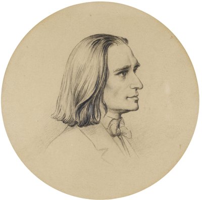 Säveltäjä Franz Lisztin muotokuva (Säveltäjä Franz Lisztin (1811-1886) muotokuva) Friedrich Preller vanhemman (1804-1878) piirustus Halkaisija 14,5 cm Yksityinen kokoelma tekijältä Friedrich the Elder Preller