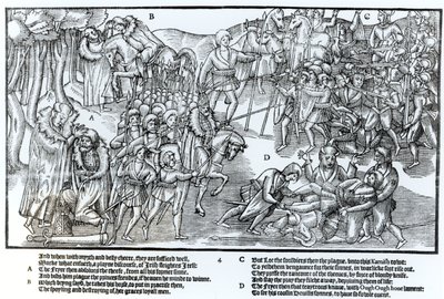 Irlantilainen päällikkö saa papin siunauksen ennen lähtöään taistelemaan englantilaisia vastaan, jotka on esitetty täydessä haarniskassa, levy 4 John Derricken teoksesta The Image of Ireland, 1581. tekijältä Friedrich van Hulsen