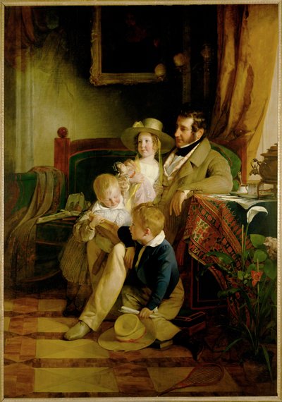Rudolf von Arthaber ja hänen lapsensa Rudolf Emilie ja Gustav katsovat kuollutta vaimoaan ja äitiään... (maalaus kankaalle) tekijältä Friedrich von Amerling