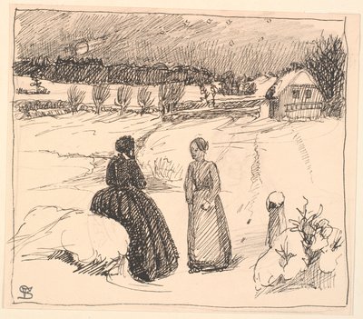 Ulkona lumessa istui nainen pitkissä mustissa vaatteissa... tekijältä Fritz Syberg