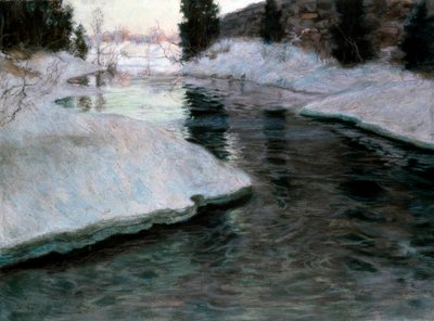 Jään sulaminen: Lysakerin joki. Fritz Thaulowin (1847-1906) maalaus. Pastelli kankaalle. Yksityiskokoelma. tekijältä Fritz Thaulow