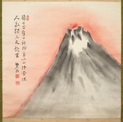 Aamuaurinko Fuji-vuoren yllä, noin 1929-32 (tussi ja väri silkille). tekijältä Fukuda Kodojin