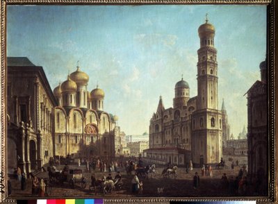 Katedraaliaukio Moskovan Kremlissä. Fjodor Jakovlevich Aleksejevin (1753-1824) maalaus. Öljy kankaalle, 81,5 x 112 cm. Venäläinen taideklassismi. Valtion Tretjakovin galleria, Moskova. tekijältä Fyodor Yakovlevich Alexeev