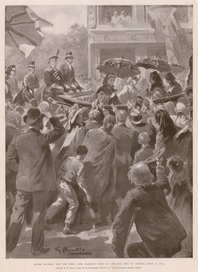 Kuningatar Victoria ja köyhät: Kuningatar vierailee Lontoon East Endissä, 2. huhtikuuta 1873 (syväpaino) tekijältä G.S. (after) Amato