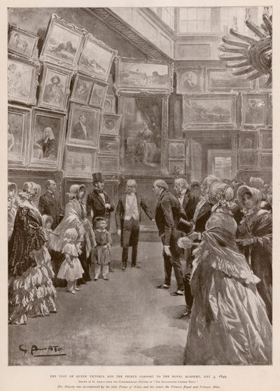 Kuningatar Victorian ja prinssi Albertin vierailu Lontoon kuninkaalliseen akatemiaan 3. toukokuuta 1849 (syväpaino). tekijältä G.S. (after) Amato
