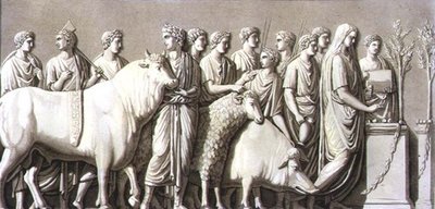 Basreliefi härästä, pässistä ja villisiasta johti votiivialttarille, Jules Ferrarion "Le Costume Ancien et Moderne", Fumagallin kaivertama, julkaistu 1820-30-luvulla (värilitho) tekijältä G. (after) Bramati