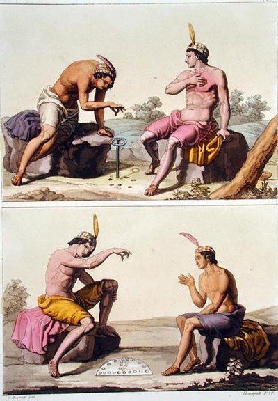 Intiaanit, jotka esittävät Queciua (ylhäällä) ja Porotosta (alhaalla), Chile, elokuvasta "Le Costume Ancien et Moderne", osa II, levy 29, Jules Ferrario, kaiverrus Paolo Fumagalli, julkaistu noin 1820-30-luvulla (värilitho) tekijältä G. (after) Bramati