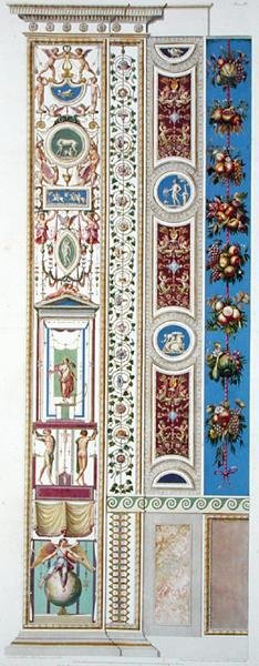 Paneeli Raphael Loggiasta Vatikaanissa, Delle Loggie di Rafaele nel Vaticanosta, kaiverrettu Giovanni Ottaviani (n. 1735-1808), julkaistu n. 1772-77 (käsin värillinen kaiverrus) tekijältä G. and Camporesi P. Savorelli