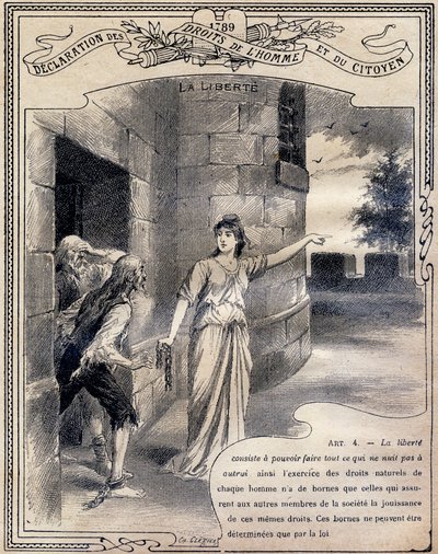 1789: Ihmisten ja kansalaisten oikeuksien julistus: Vapaus. Kaiverrus "Yksittäisessä moraalin ja kansalaisopetuksen kirjassa, joka on tarkoitettu peruskoulun kolmen kurssin oppilaille ja Lycees and Colleges -koulujen alaluokkien oppilaille, 2. tekijältä G. Dascher