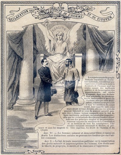 1789: Ihmisten ja kansalaisten oikeuksien julistus: Tasa-arvo. Kaiverrus "Yksittäisessä moraalin ja kansalaisopetuksen kirjassa, joka on tarkoitettu peruskoulun kolmen kurssin oppilaille sekä lyseiden ja korkeakoulujen alaluokkien oppilaille, 2. tekijältä G. Dascher