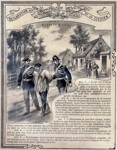 1789: Ihmisten ja kansalaisten oikeuksien julistus: Lain kunnioittaminen. Kaiverrus "Ainutlaatuiseen etiikan ja kansalaisopetuksen kirjaan, joka on tarkoitettu peruskoulun kolmen kurssin opiskelijoille sekä Lycees and Colleges, Deuxi -koulujen alaluokkien  tekijältä G. Dascher
