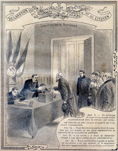 1789: Ihmisten ja kansalaisten oikeuksien julistus: Kansallinen suvereniteetti. Kaiverrus "Ainutlaatuiseen etiikan ja kansalaisopetuksen kirjaan, joka on tarkoitettu peruskoulun kolmen kurssin opiskelijoille sekä lyseiden ja korkeakoulujen alaluokkien opis tekijältä G. Dascher