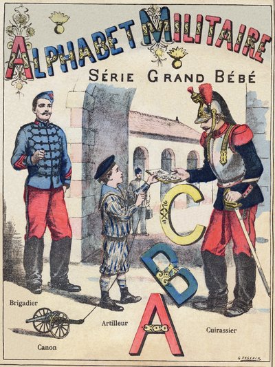 "Military Alphabet" , Grand-Bebe-sarjan kansi. Kaiverrus. Pont-a-Moussonin kuvantaminen. Louis Vagne, painaja-kustantaja, noin 1900. Kuvitukset G. Dascher. 20 sivua. Koko: 31,5x24,5cm. tekijältä G. Dascher