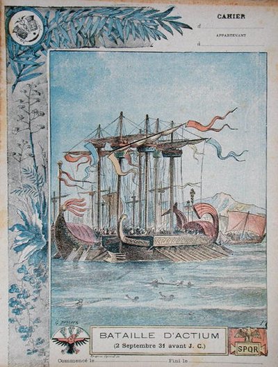 Actiumin taistelua kuvaavan koulun harjoituskirjan kansi, 2. syyskuuta 31 eKr., n. 1900 (värinen lito) tekijältä G. Dascher