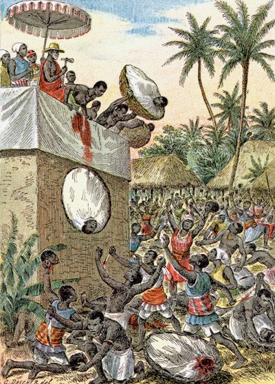 Ihmisuhreja Afrikassa, n. 1900 (kuva) tekijältä G. Dascher
