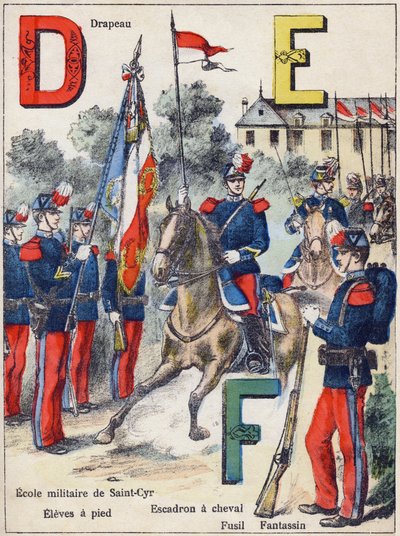 Kirjaimet D E F: Lippu, Saint-Cyrin sotakoulu (Saint Cyr), Eleves jalkaisin, hevoslentue, kivääri ja fantassin, n. 1900 (litografia) tekijältä G. Dascher