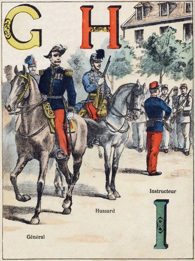 Kirjaimet G H I: Kenraali, Hussard ja opettaja. Kaiverrus "Alphabet militaire", Grand-Bebe-sarjassa. Kaiverrus. Pont-a-Mousson-kuvaus. Louis Vagne, kirjapaino-kustantaja, noin 1900. Kuvitukset G. Dascher. 20 sivua. Mitat: 31,5 x 24,5 cm tekijältä G. Dascher