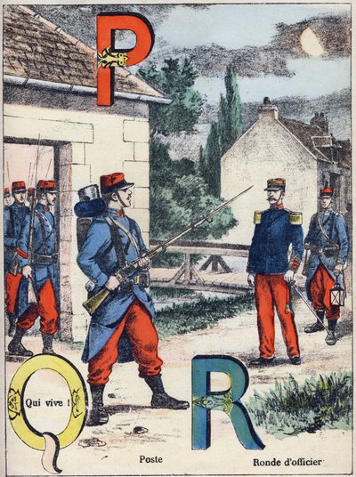 Kirjaimet P Q ja R: Post, Qui vive! ja upseerikierros. Kaiverrus "Alphabet militaire", Grand-Bebe-sarjassa. Kaiverrus. Pont-a-Mousson-kuvaus. Louis Vagne, kirjapaino-kustantaja, noin 1900. Kuvitukset G. Dascher. 20 sivua. Mitat: 31,5 x 24,5 cm tekijältä G. Dascher