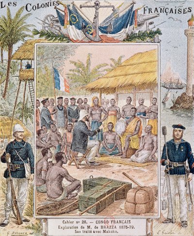M. de Brazzan (1875-79) tutkimus Makokon kanssa, kuva Les Colonies Francaisesista tekijältä G. Dascher