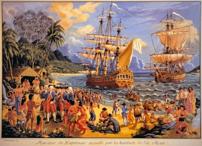 Jean Francois Galaup de Laperouse toivotti tervetulleeksi Mawee Islandin asukkaat Sandwichsaarilla Tyynellämerellä (väri litho) tekijältä G. Delcausse