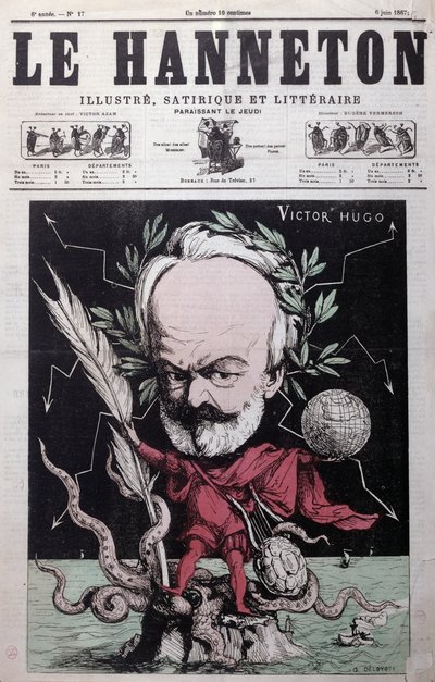 Karikatyyri Victor Hugosta (1802-85) Zeuksena maanpaossa Guernseyllä Le Hannetonin etukannessa kesäkuussa 1867 tekijältä G. Deloyoti