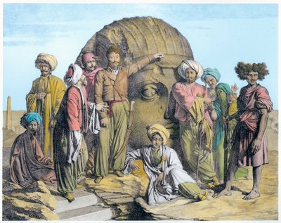 Arkeologi Bernardino Drovetti mittaa valtavaa päätä Egyptin autiomaassa, 1819 tekijältä G Engelmann