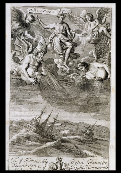Jupiter heittää myrskyn valtamerelle, kuvitus Anthony Le Grandin "Filosofian periaatteet" kirjan 1 osan 6 luvusta 16, kaiverrus Johannes Kip (16523-1722), 1694 tekijältä G Freman
