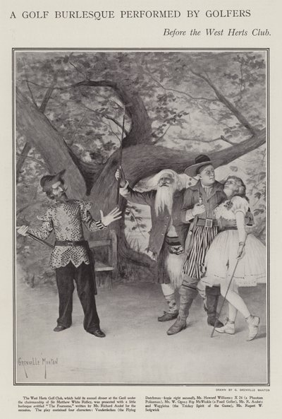 Golfburleski golfaajien esittämänä West Herts Clubin vuotuisella illallisella (litho) tekijältä G. Grenville Manton