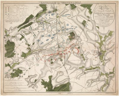 Kaart van de Slag Waterloossa, 1815 Waterloon taistelu / Waterloon taistelukentän suunnitelma nimeltä Belle-Alliance. Ikimuistoinen voitto, jonka liittoutuneiden armeijat voittivat 18. kesäkuuta 1815 (...) (otsikko esineessä) tekijältä G. Jacowick
