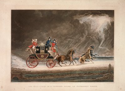 Postilinja-auto ukkosmyrskyssä Newmarket Heathissä, Suffolkissa, 1827. tekijältä G Reeves