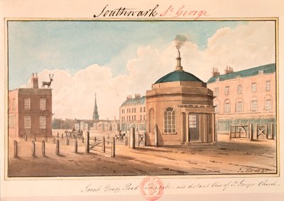 "Great Dover Road Turnpike ja kaukainen näkymä St Georgen kirkolle", Southwark, Lontoo, 1825 tekijältä G Yates