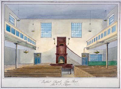 Sisäkuva Lion Street Baptist Chapelista, New Kent Roadin varrella, Southwark, Lontoo, 1826 tekijältä G Yates