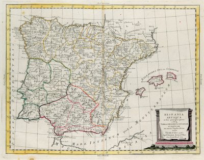 Muinainen Espanja jaettu kolmeen erilliseen alueeseen, nimittäin Terraconensis, Lusitania ja Baetica, ja myös kansoihin, G. Zulianin kaiverrus Tome I:stä Venetsiassa vuonna 1785 julkaistusta Antonio Zattan "Uusimasta atlasesta", yksityinen kokoelma. tekijältä G. Zuliani