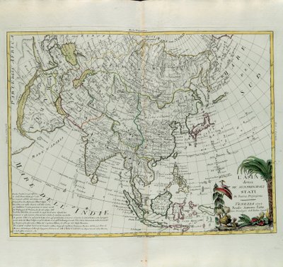 Aasia jaettu tärkeimpiin osavaltioihinsa, G. Zulianin kaiverrus, joka on otettu Antonio Zattan Venetsiassa vuonna 1777 julkaisemasta uusimman atlasin Tome I:stä, yksityinen kokoelma tekijältä G. Zuliani