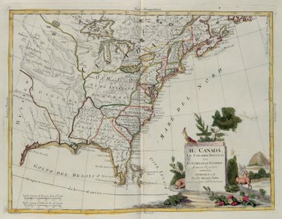Kanada, Englannin siirtokunnat Louisianan ja Floridan kanssa, G. Zulianin kaiverrus otettu Antonio Zattan Venetsiassa vuonna 1778 julkaistun uusimman atlasin Tome I:stä, yksityinen kokoelma tekijältä G. Zuliani