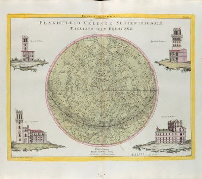 Päiväntasaajalta leikattu pohjoisen taivaan tasopallon kosmografinen taulukko, G. Zulianin kaiverrus, joka on otettu Antonio Zattan Venetsiassa vuonna 1777 julkaisemasta uusimman atlasin Tome I:stä tekijältä G. Zuliani