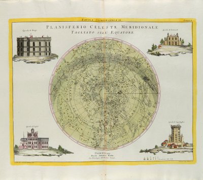 Päiväntasaajalta leikattu eteläisen taivaan tasopallon kosmografinen levy, G. Zulianin kaiverrus, joka on otettu Antonio Zattan Venetsiassa vuonna 1777 julkaisemasta uusimman atlasin Tome I:stä tekijältä G. Zuliani