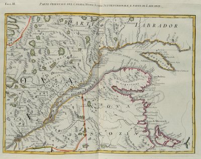 Kanadan itäosa, Pohjois-Nova Scotia ja osa Labradoria, G. Zulianin kaiverrus Tome I:stä Venetsiassa vuonna 1778 julkaistusta "Uusimasta atlasesta", Antonio Zatta, yksityinen kokoelma tekijältä G. Zuliani