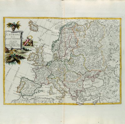 Eurooppa jaettuna päävaltioihinsa, G. Zulianin kaiverrus, joka on otettu Antonio Zattan Venetsiassa vuonna 1776 julkaisemasta uusimman atlasin Tome I:stä, yksityinen kokoelma tekijältä G. Zuliani