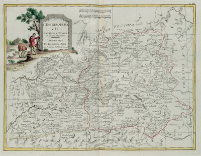 Extremadura ja Castilla la Nueva, G. Zulianin kaiverrus otettu Antonio Zattan Venetsiassa vuonna 1776 julkaistun uusimman atlasin Tome I:stä, yksityinen kokoelma tekijältä G. Zuliani