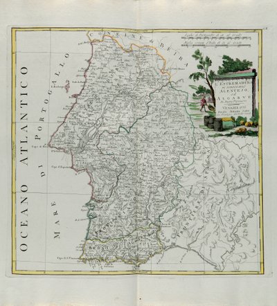 Portugalin Extremadura Alentejo tai Algarve, G. Zulianin kaiverrus otettu Antonio Zattan vuonna 1776 Venetsiassa julkaiseman uusimman atlasin Tome I:stä, yksityiskokoelma tekijältä G. Zuliani