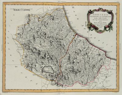 Farther and Hither Abruzzo, G. Zulianin kaiverrus Tome II:sta Venetsiassa vuonna 1783 julkaistusta Antonio Zattan "Uusimasta atlasesta", yksityiskokoelma tekijältä G. Zuliani