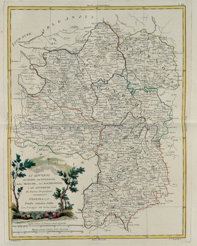 Berrin, Nivernoisin, Marchen, Bourbonin ja Auvergnen hallintoa, G. Zulianin kaiverrus otettu Antonio Zattan Venetsiassa vuonna 1776 julkaistun uusimman atlasin Tome I:stä, yksityinen kokoelma tekijältä G. Zuliani
