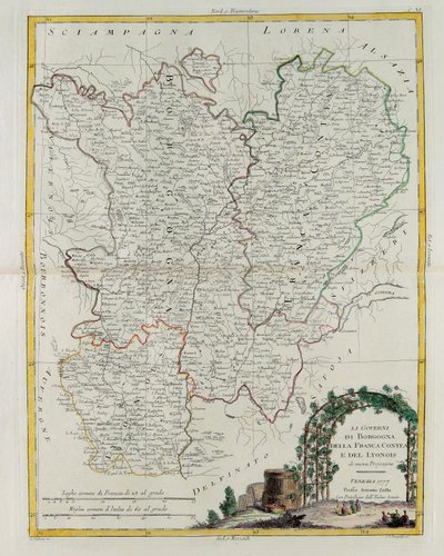 Bourgognen, Franca Contean ja Lyonin hallintoa, G. Zulianin kaiverrus otettu Tome I:stä Venetsiassa vuonna 1777 julkaistusta uusimmasta atlasesta, Antonio Zatta, yksityinen kokoelma tekijältä G. Zuliani