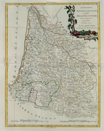 Guyennen ja Gascognen hallintotapa Bearnin ja Ala-Navarran kanssa, G. Zulianin kaiverrus otettu uusimman atlasin Tome I:stä, joka julkaistiin Venetsiassa vuonna 1776, Antonio Zatta, yksityinen kokoelma tekijältä G. Zuliani