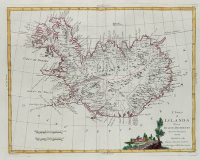 Piireihinsä jaettu Islanti, G. Zulianin kaiverrus, joka on otettu Antonio Zattan Venetsiassa vuonna 1781 julkaiseman "Uusimman atlasin" Tome III:sta, yksityiskokoelma tekijältä G. Zuliani