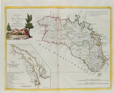 Minorcan saari ja suunnitelma satamasta ja Mahonin kaupungista ja sen linnoituksista, G. Zulianin kaiverrus Tome I:stä Venetsiassa vuonna 1778 julkaistusta Antonio Zattan "Uusimasta atlasesta", yksityiskokoelma tekijältä G. Zuliani