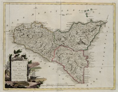 Sisilian saari, jaettu laaksoihinsa, G. Zulianin kaiverrus, joka on otettu Antonio Zattan Venetsiassa vuonna 1782 julkaisemasta uusimman atlasin Tome II:sta, yksityinen kokoelma tekijältä G. Zuliani
